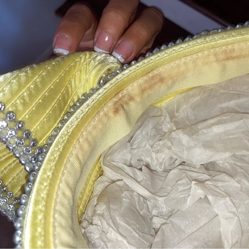 Dorinda Clark Cole women’s Yellow Rhinestone Embellished Satin Pillbox Hat